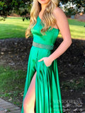 One Shoulder Emerald Green Satin Long Prom Dresses with Pockets FD2121-prom dresses-Viniodress-Viniodress