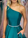 One Shoulder Green Satin Prom Dresses with Chiffon Watteau Train FD2536-prom dresses-Viniodress-Viniodress