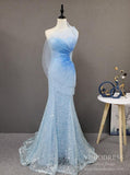 One Shoulder Light Blue Sequin Prom Dress Evening Dresses FD2497