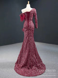 One Shoulder Long Sleeve Burgundy Prom Dresses with Slit FD2422-prom dresses-Viniodress-Viniodress