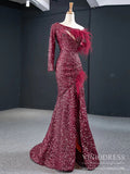 One Shoulder Long Sleeve Burgundy Prom Dresses with Slit FD2422-prom dresses-Viniodress-Viniodress