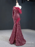 One Shoulder Long Sleeve Burgundy Prom Dresses with Slit FD2422-prom dresses-Viniodress-Viniodress