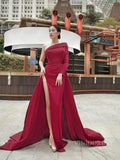 One Shoulder Long Sleeve Dark Red Satin Prom Dresses with Slit FD2428-prom dresses-Viniodress-Viniodress