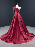 One Shoulder Long Sleeve Dark Red Satin Prom Dresses with Slit FD2428-prom dresses-Viniodress-Viniodress