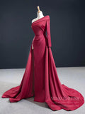 One Shoulder Long Sleeve Dark Red Satin Prom Dresses with Slit FD2428-prom dresses-Viniodress-Viniodress