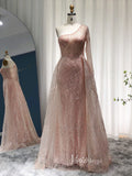 One Shoulder Long Sleeve Pink Beaded Lace Prom Dresses Overskirt Evening Dress 20088