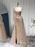 One Shoulder Long Sleeve Prom Dresses High Slit Champagne Beaded Evening Dress 20090