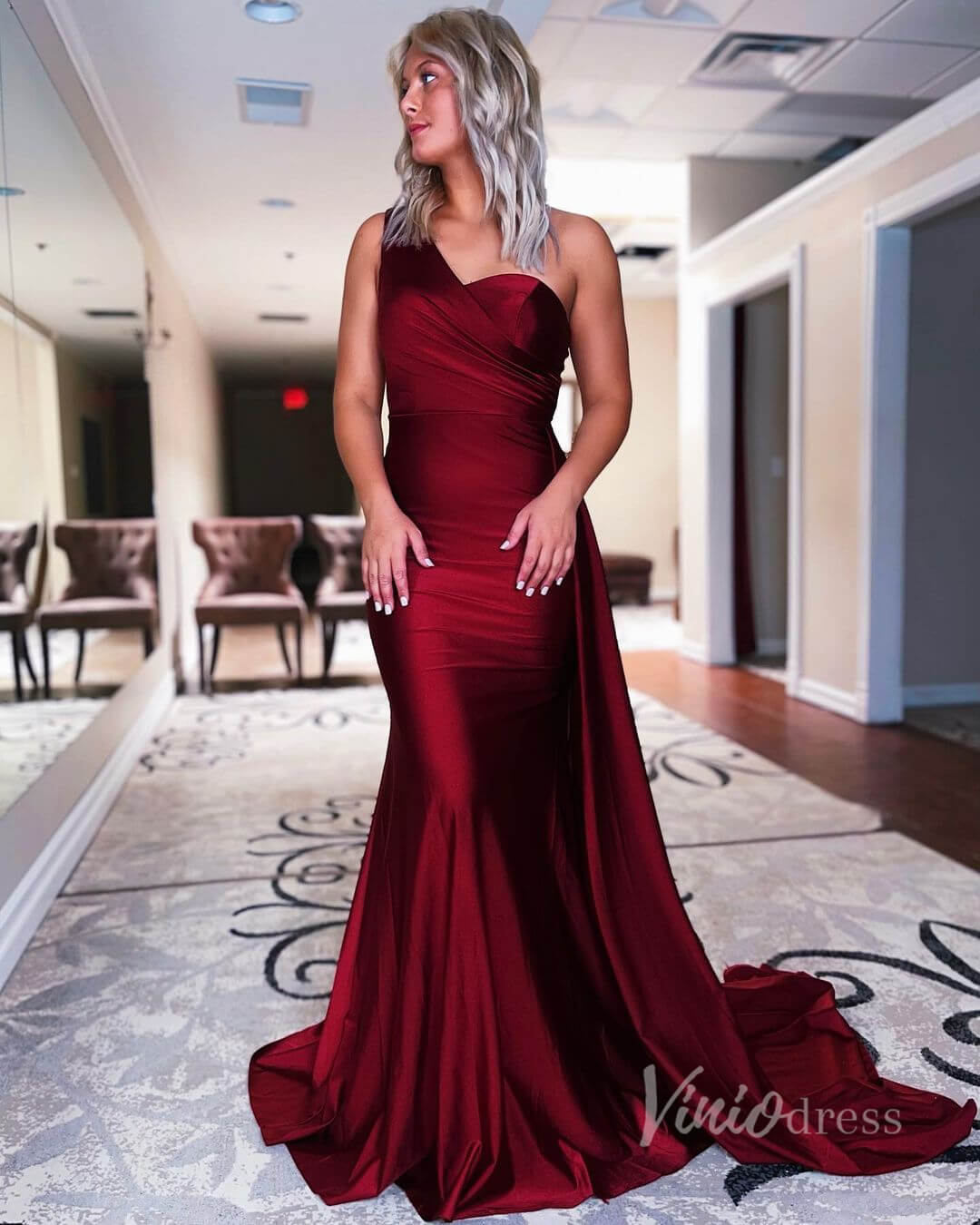 One Shoulder Mermaid Prom Dress Pleated Overskirt Formal Gown FD2846-prom dresses-Viniodress-Burgundy-Custom Size-Viniodress