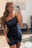 One Shoulder Mini Sequin Homecoming Dresses Bodycon Black Cocktail Dresses SD1522-homecoming dresses-Viniodress-Viniodress