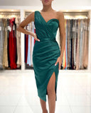 One Shoulder Pleated Cocktail Dress Satin Midi Prom Dress with Slit SD1413