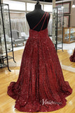 One Shoulder Prom Dresses Burgundy Sequin Formal Dress FD2971-prom dresses-Viniodress-Viniodress