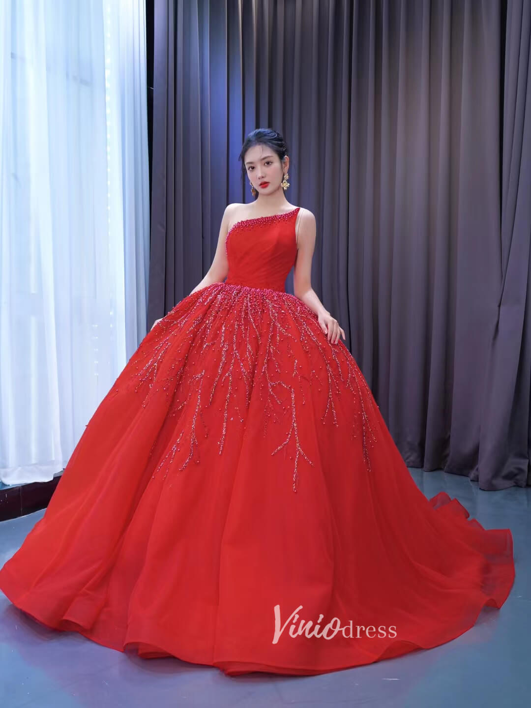 One Shoulder Red Ball Gowns Wedding Dresses 222191-Quinceanera Dresses-Viniodress-Viniodress