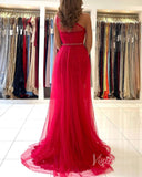 One Shoulder Red Lace Prom Dress Tulle Overskirt Evening Dress FD2839-prom dresses-Viniodress-Viniodress