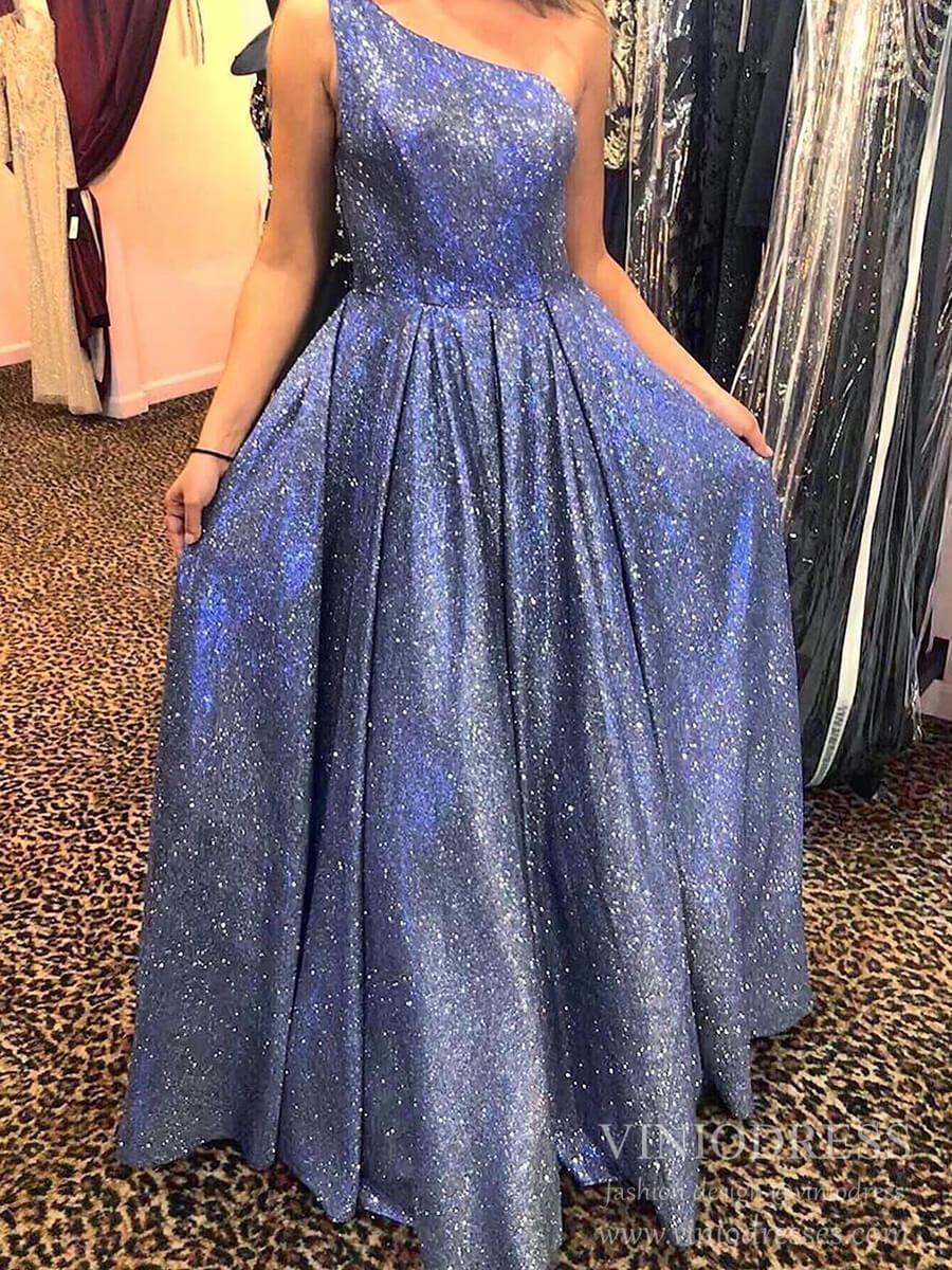 One Shoulder Sparkly Blue Prom Dresses Long FD2059-prom dresses-Viniodress-Blue-Custom Size-Viniodress