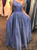 One Shoulder Sparkly Blue Prom Dresses Long FD2059