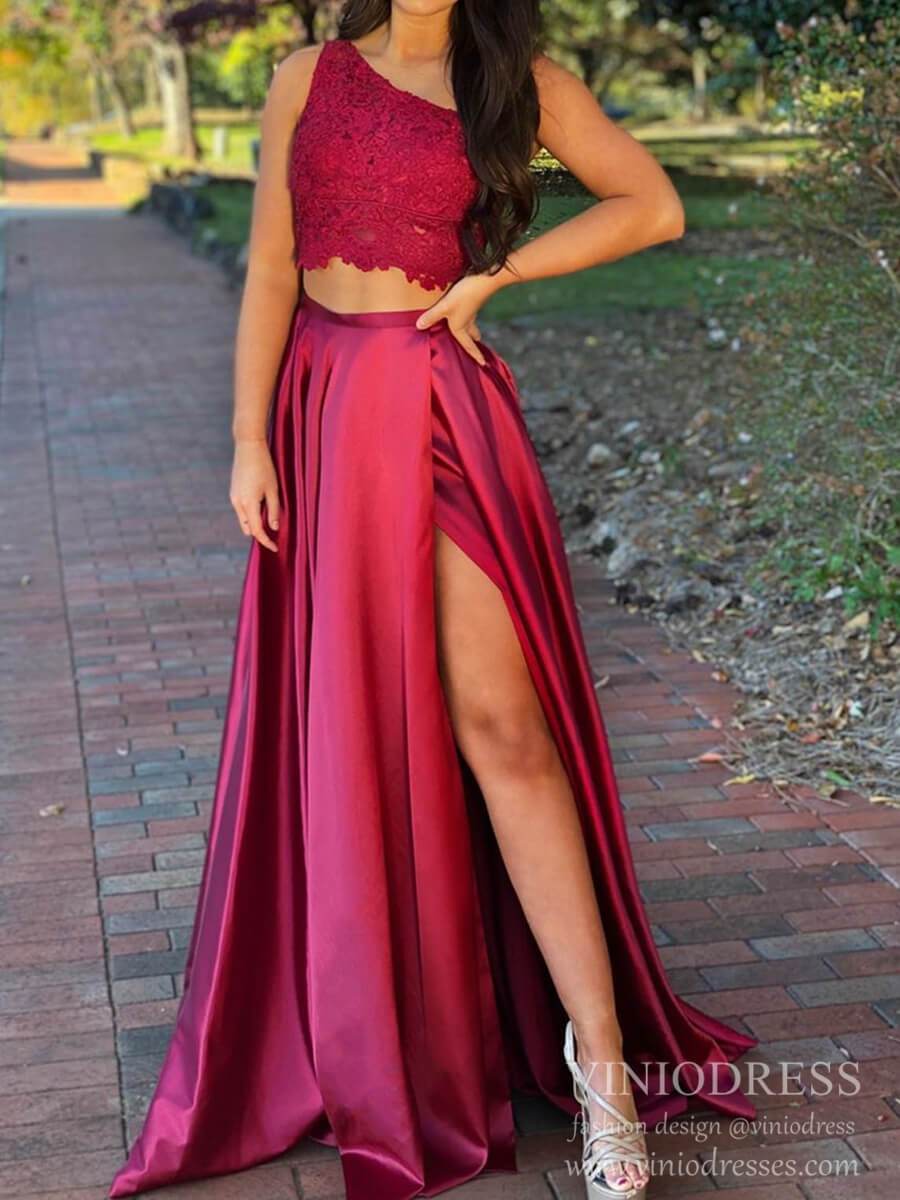 One Shoulder Two Piece Dark Red Prom Dresses with Pockets FD2031-prom dresses-Viniodress-As Picture-Custom Size-Viniodress
