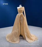 Vestido formal de un hombro con manga Watteau Vestido de desfile de perlas doradas 67440