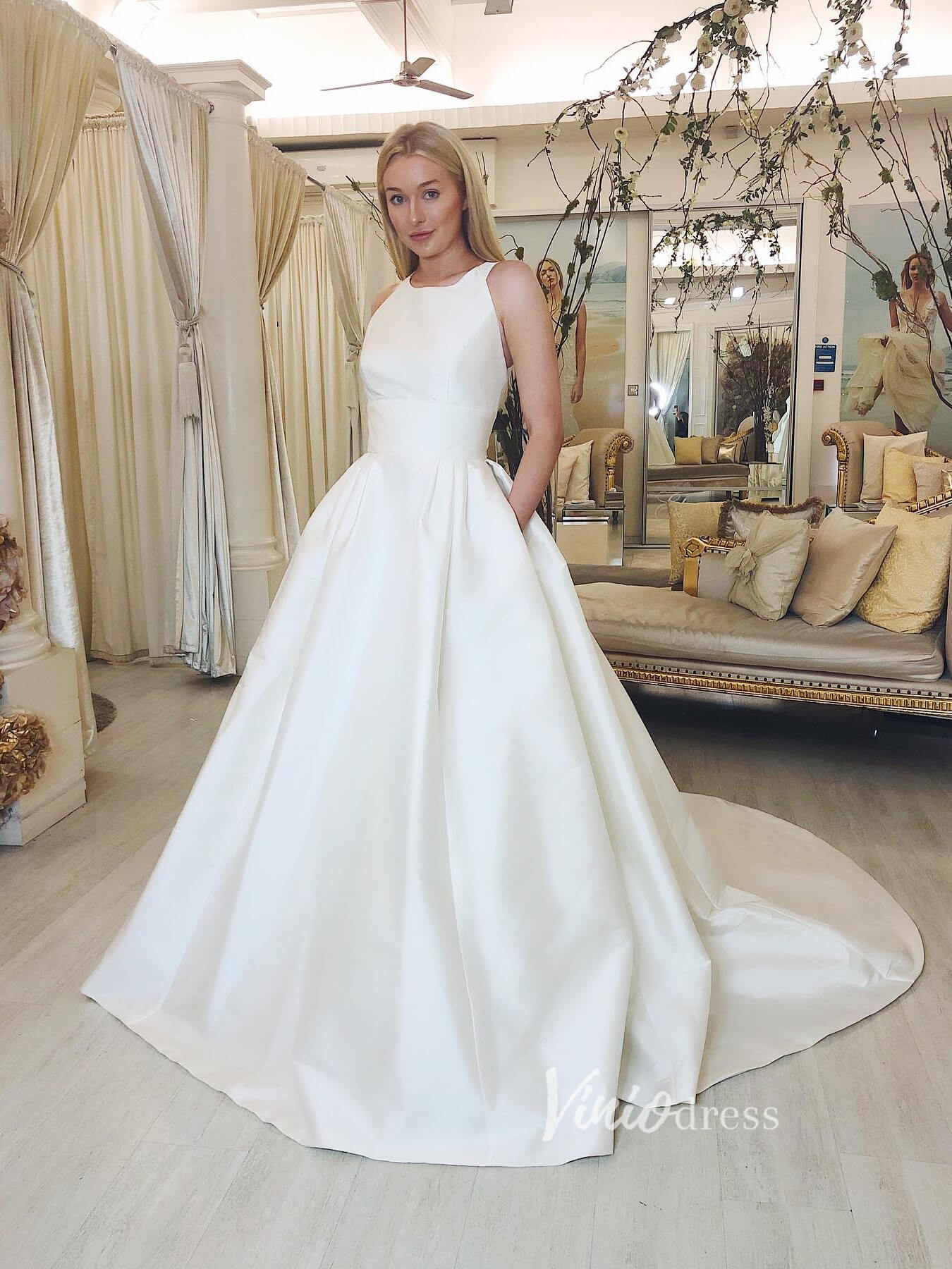 Open Back Satin Minimalist Wedding Dresses with Pockets VW1323-wedding dresses-Viniodress-Ivory-Custom Size-Viniodress