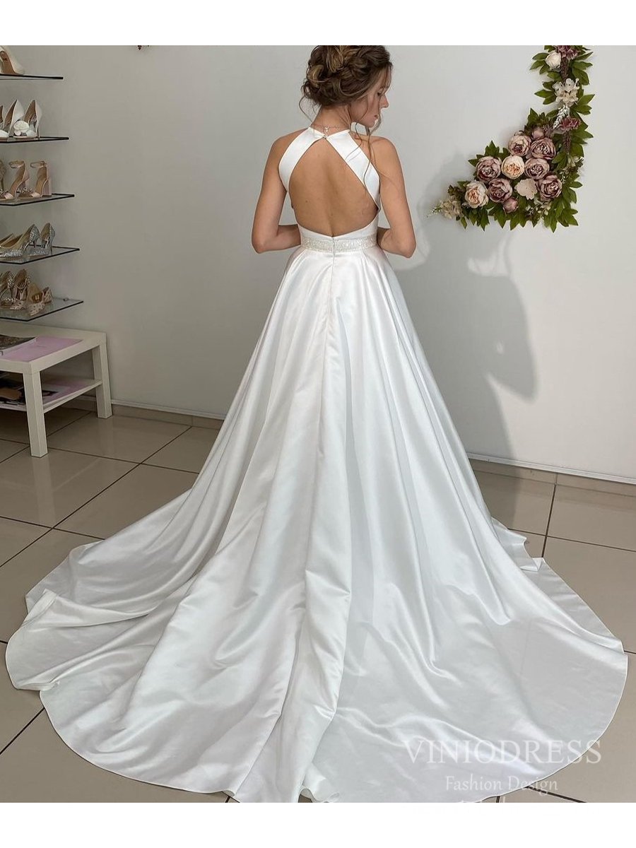 Open Back Satin Wedding Dresses Halter Simple Wedding Gowns VW1835-wedding dresses-Viniodress-Viniodress