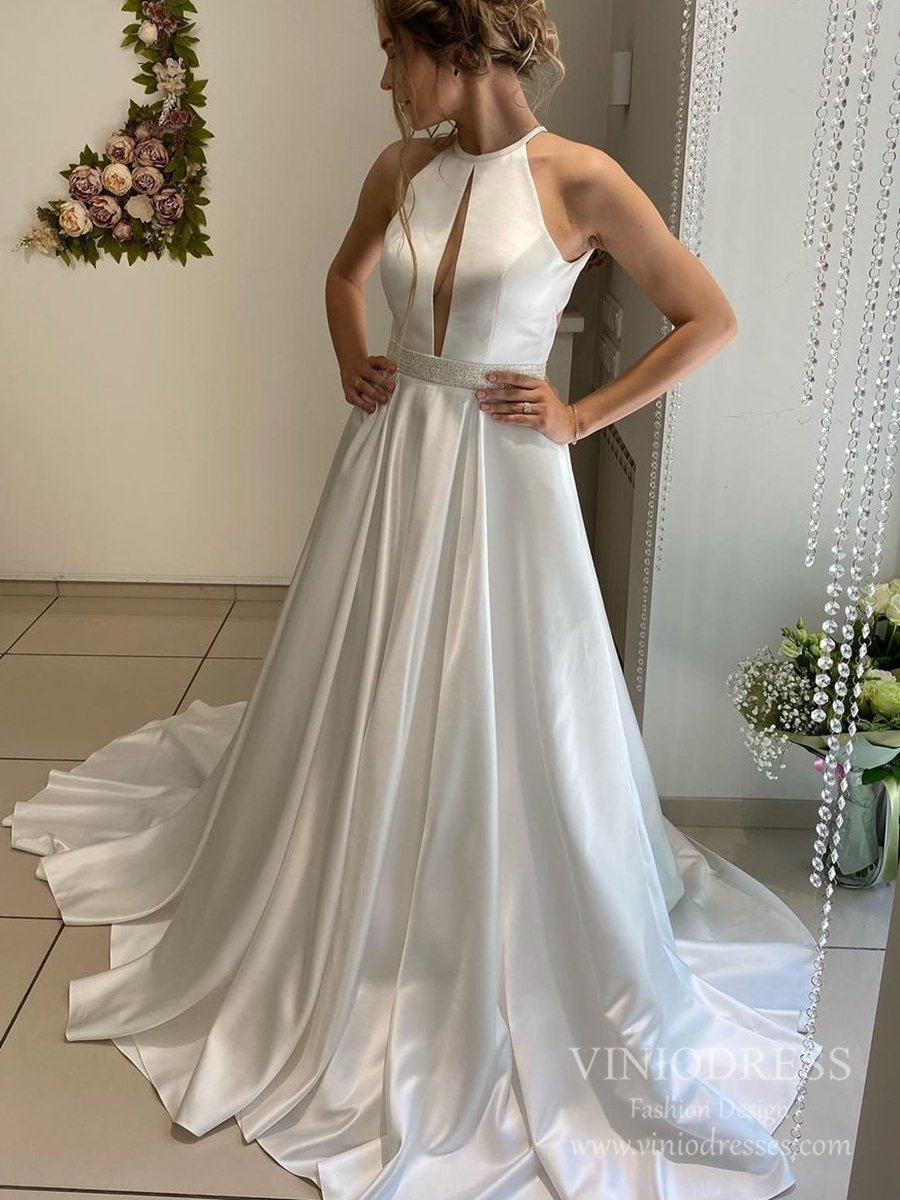 Open Back Satin Wedding Dresses Halter Simple Wedding Gowns VW1835-wedding dresses-Viniodress-Viniodress