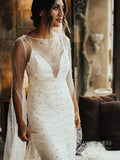 Open Back Sheath Boho Wedding Dresses Pearl Tulle Bridal Dress vw1529