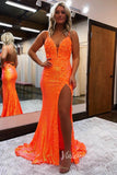 Orange Sequin Mermaid Prom Dresses with Slit Floral Evening Dress FD2849