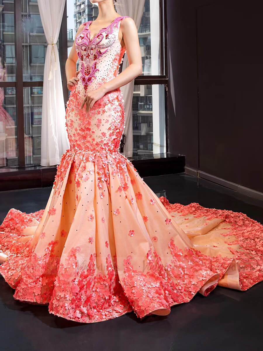 Peach Floral Pageant Dress Beaded Mermaid Prom Dresses FD1538-prom dresses-Viniodress-As Picture-US 2-Viniodress