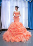 Peach Rosette Trumpet Wedding Dresses Strapless Pageant Gown 67212 viniodress