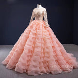 Peach Ruffle Layered Ball Gown Prom Dresses Long Sleeve Quince Dress 67019 viniodress-prom dresses-Viniodress-Viniodress