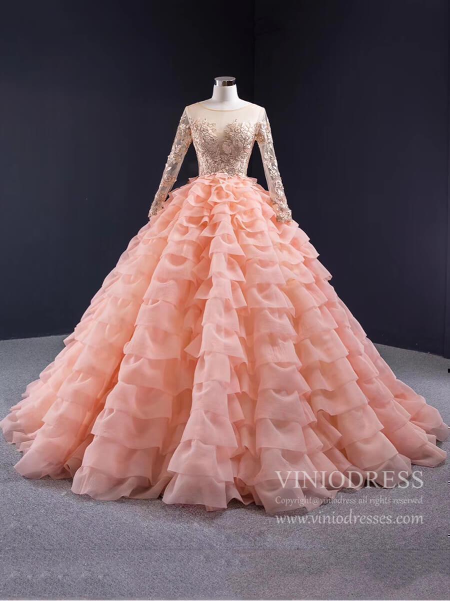 Peach Ruffle Layered Ball Gown Prom Dresses Long Sleeve Quince Dress 67019 viniodress-prom dresses-Viniodress-Peach-Custom Size-Viniodress