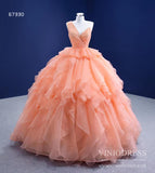 Peach Tiered Ruffle Ball Gown Prom Dresses One Shoulder Quince Dress 67330 viniodress-Quinceanera Dresses-Viniodress-Viniodress