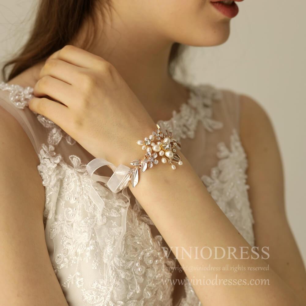 Pearl and Leaf Gold Corsage Bracelet AC1093-Bridal Jewelry-Viniodress-As Picture-Viniodress