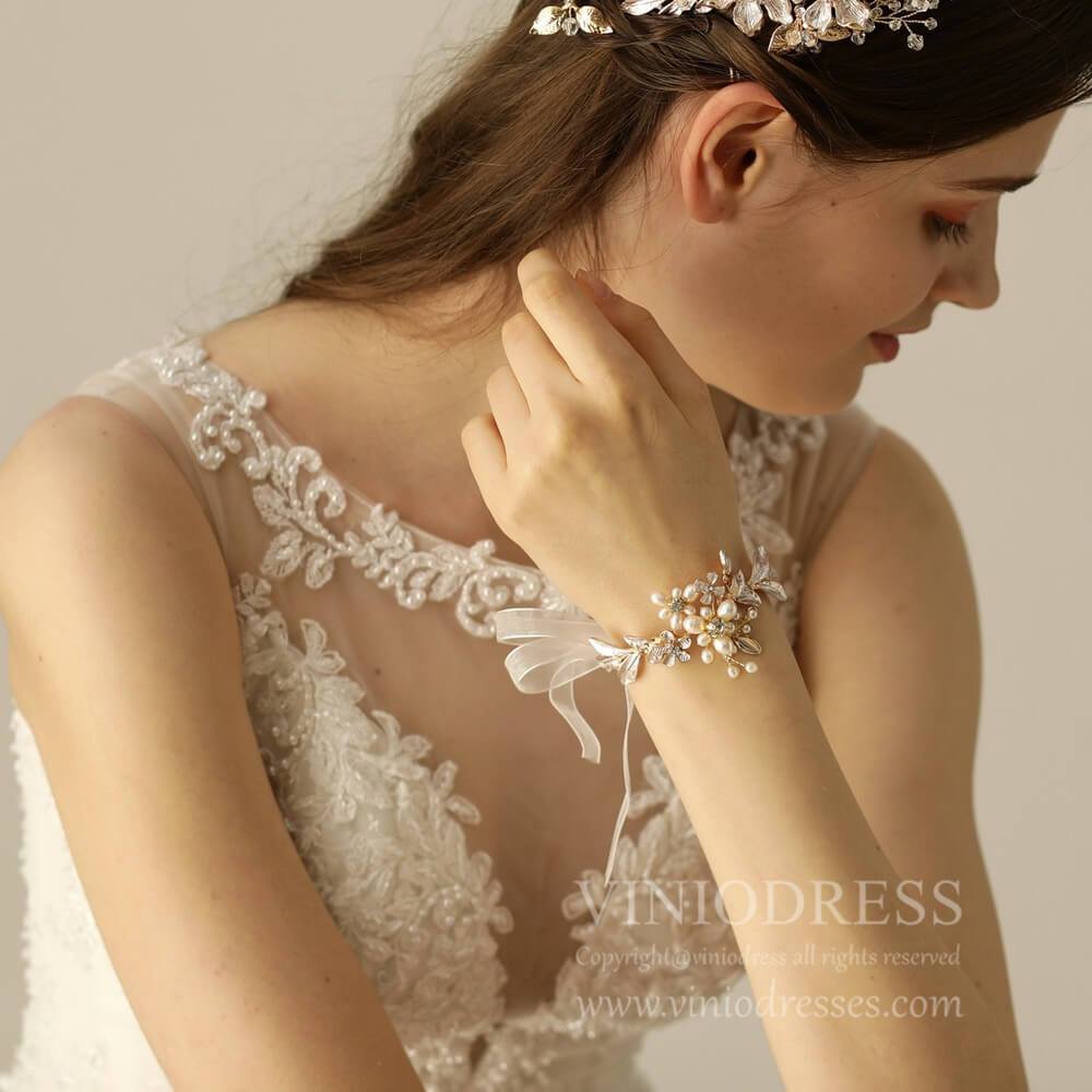 Pearl and Leaf Gold Corsage Bracelet AC1093-Bridal Jewelry-Viniodress-As Picture-Viniodress