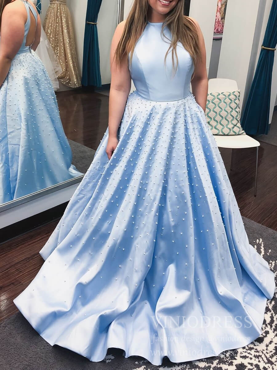 Pearl Beaded Light Blue Satin Prom Dress with Pockets FD2036-prom dresses-Viniodress-Light Blue-Custom Size-Viniodress