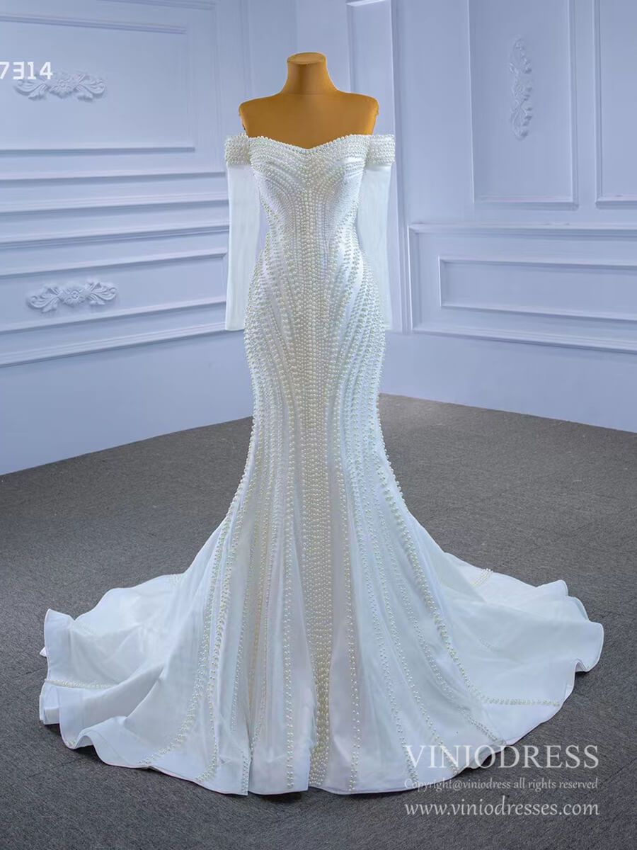 Pearl Beaded Mermaid Wedding Dresses with Long Sleeves Viniodress 67314-wedding dresses-Viniodress-Viniodress