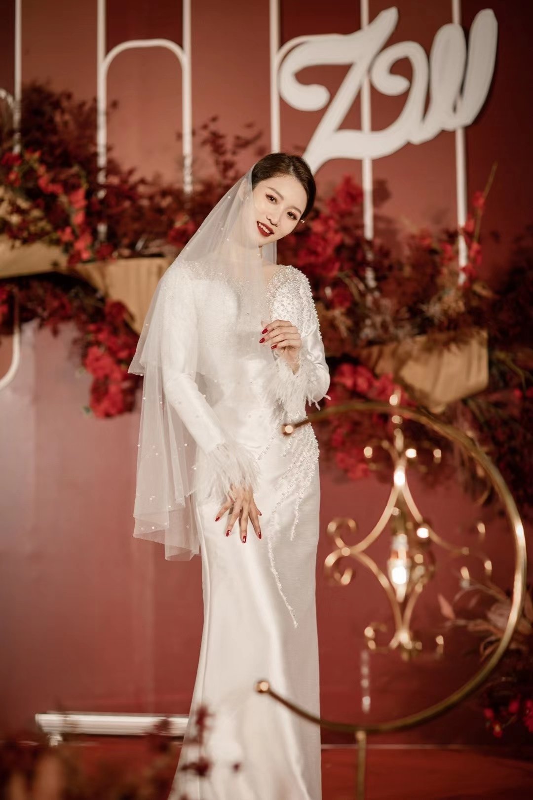 Pearl Beaded Satin Wedding Dresses with Long Sleeve 67215-wedding dresses 2025 -Viniodress-Ivory-Custom Size-