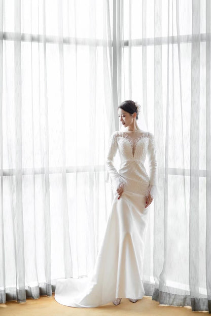 Pearl Beaded Satin Wedding Dresses with Long Sleeve 67215-wedding dresses 2025 -Viniodress-Ivory-Custom Size-