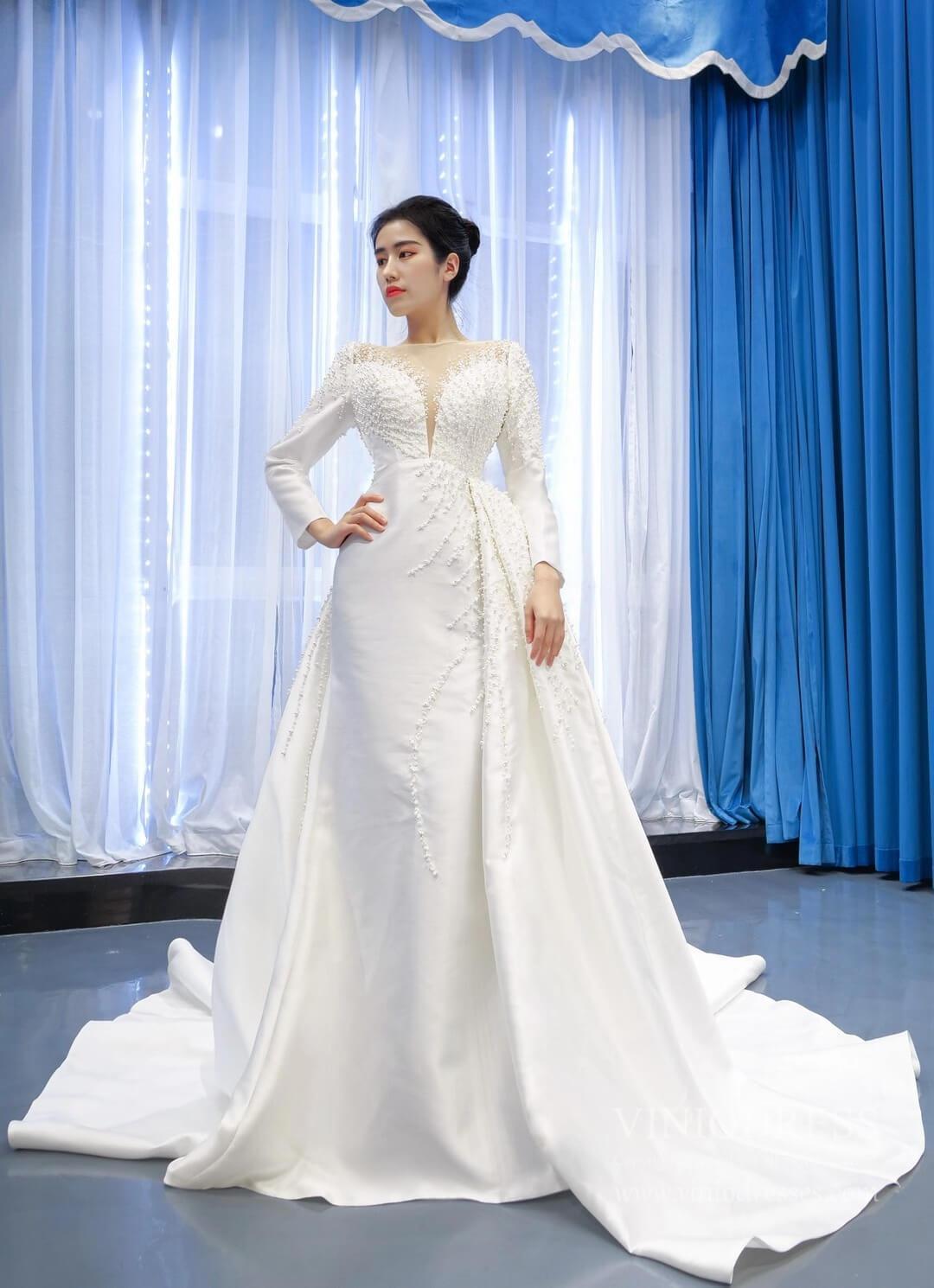 Pearl Beaded Satin Wedding Dresses with Long Sleeve 67215-wedding dresses 2025 -Viniodress-Ivory-Custom Size-