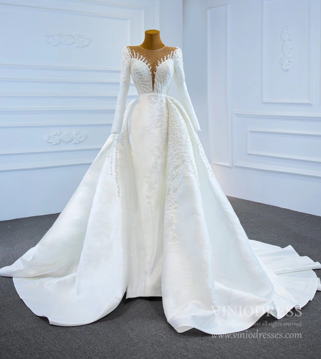 Pearl Beaded Satin Wedding Dresses with Long Sleeve 67215-wedding dresses 2025 -Viniodress-Ivory-Custom Size-