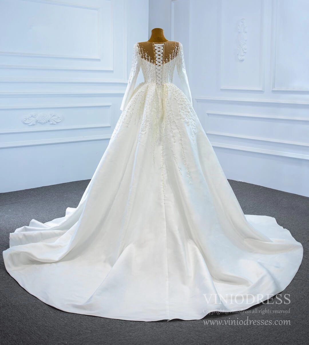 Pearl Beaded Satin Wedding Dresses with Long Sleeve 67215-wedding dresses 2025 -Viniodress-Ivory-Custom Size-
