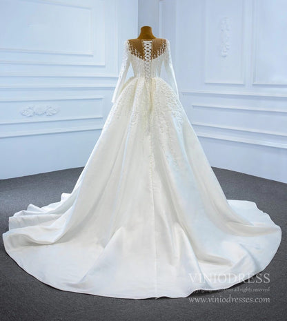Pearl Beaded Satin Wedding Dresses with Long Sleeve 67215-wedding dresses 2025 -Viniodress-Ivory-Custom Size-