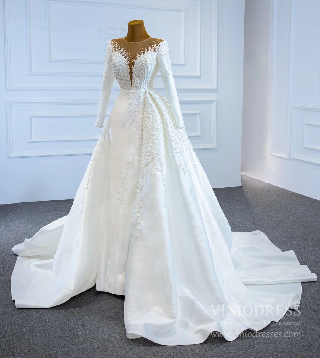 Pearl Beaded Satin Wedding Dresses with Long Sleeve 67215-wedding dresses 2025 -Viniodress-Ivory-Custom Size-