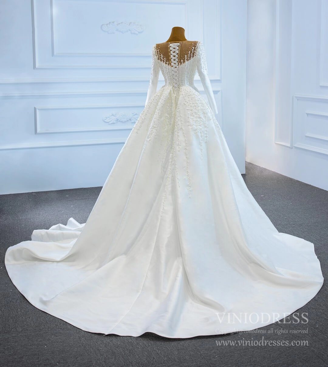Pearl Beaded Satin Wedding Dresses with Long Sleeve 67215-wedding dresses 2025 -Viniodress-Ivory-Custom Size-