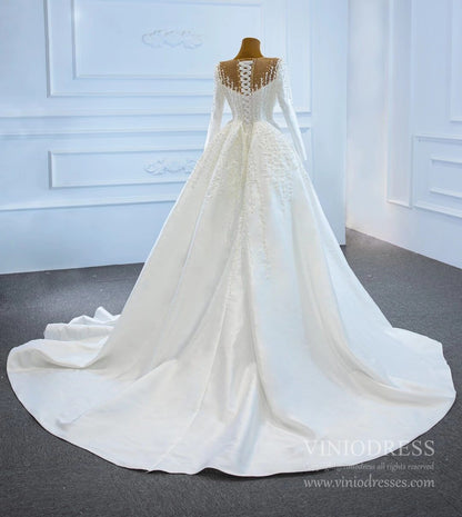 Pearl Beaded Satin Wedding Dresses with Long Sleeve 67215-wedding dresses 2025 -Viniodress-Ivory-Custom Size-
