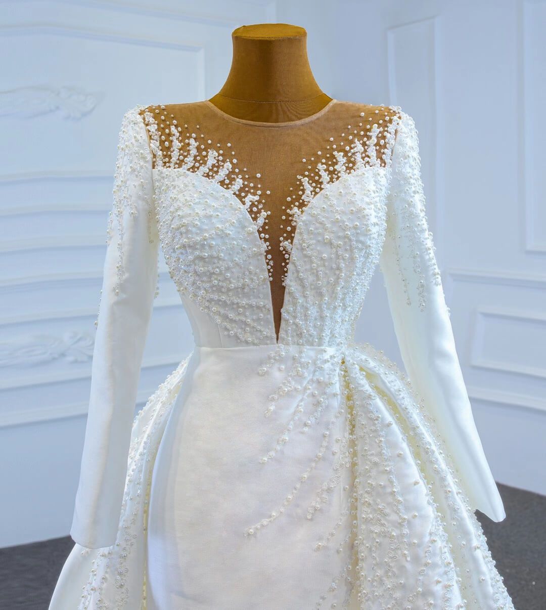 Pearl Beaded Satin Wedding Dresses with Long Sleeve 67215-wedding dresses 2025 -Viniodress-Ivory-Custom Size-