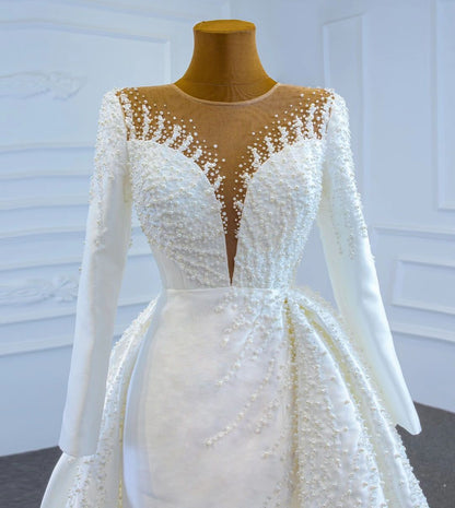 Pearl Beaded Satin Wedding Dresses with Long Sleeve 67215-wedding dresses 2025 -Viniodress-Ivory-Custom Size-