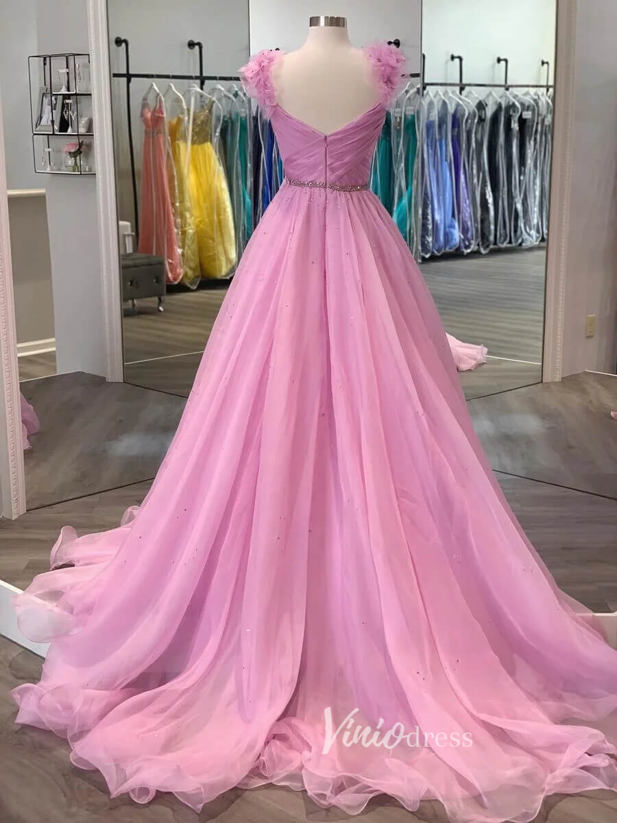 Pink 3D Flower Prom Dresses Pleated A-Line Evening Dress FD3104-prom dresses-Viniodress-Viniodress