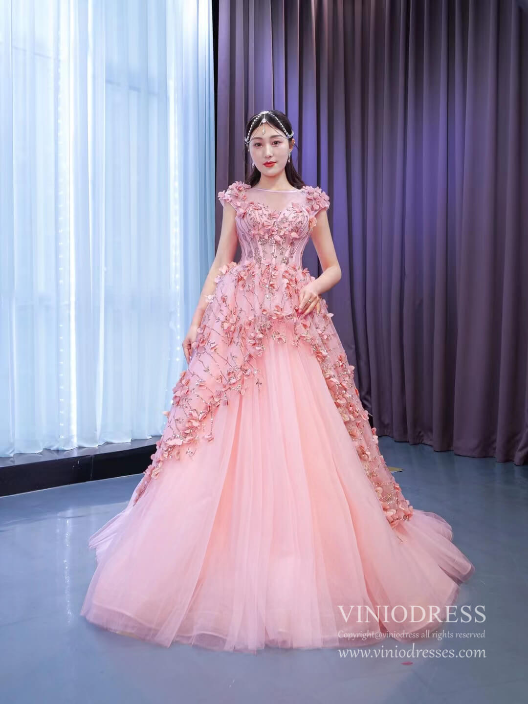 Pink 3D Flower Quince Dresses Sweet 16 Ball Gowns 67465-Quinceanera Dresses-Viniodress-Pink-Custom Size-Viniodress