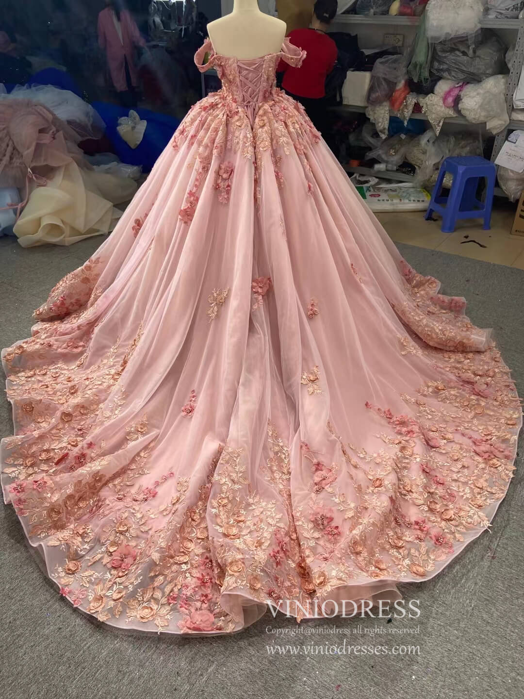 Pink 3D Flower Sweet 15 Dress Off the Shoulder Ball Gown Quince Dress 67469-Quinceanera Dresses 2025 -Viniodress-Pink-60cm-Custom Size