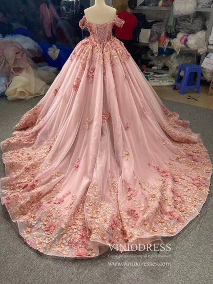 Pink 3D Flower Sweet 15 Dress Off the Shoulder Ball Gown Quince Dress 67469-Quinceanera Dresses 2025 -Viniodress-Pink-60cm-Custom Size
